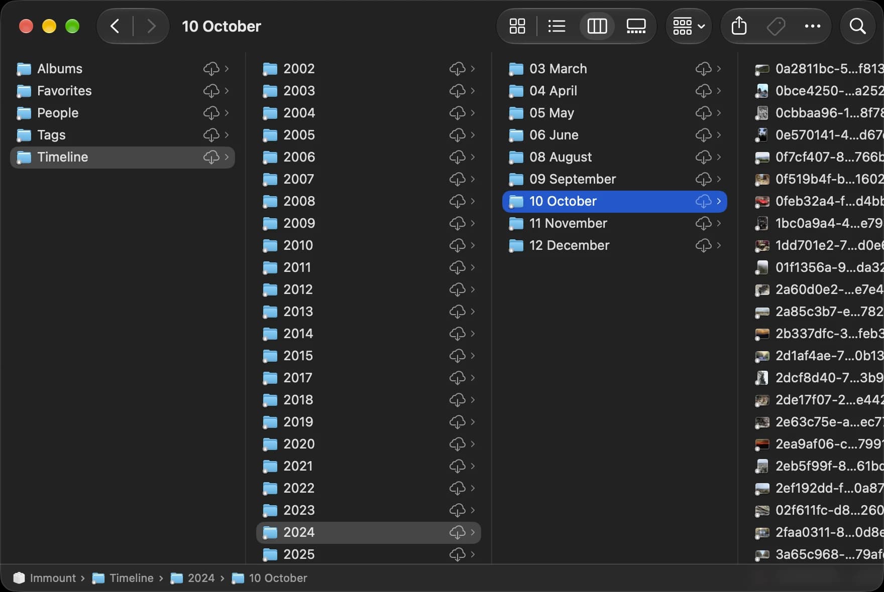 A Finder window in column view showing Immount's Timeline folder, organized by year and month.